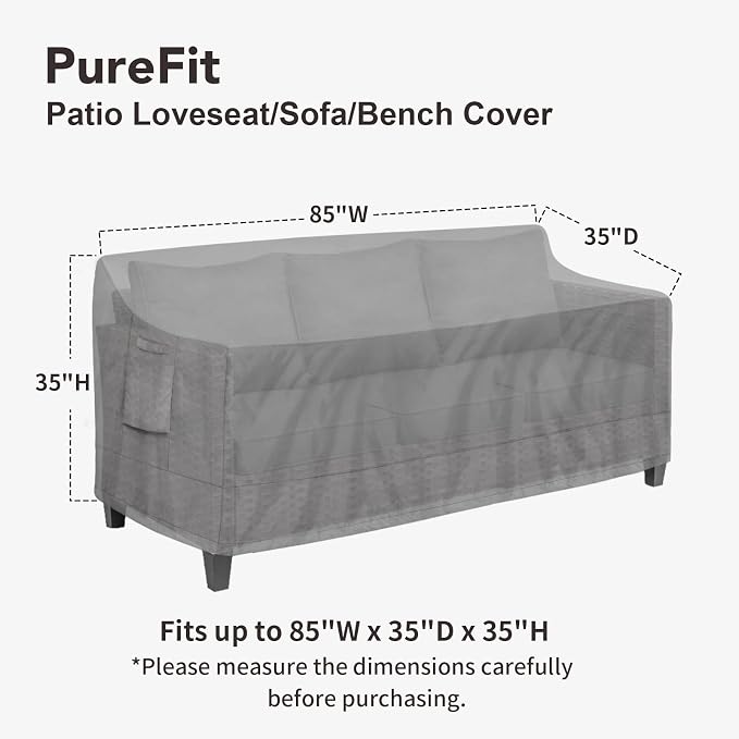 PureFit Outdoor Couch Cover Waterproof Patio Sofa Furniture Covers, 3-Seater Outdoor Cover with Air Vent and Handles, 85W x 35D x 35H Inches, Gray - Image 2