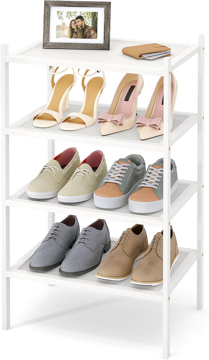 Smiry Bamboo Small Shoe Rack, 4 Tier Shoe Organizer for Entryway & Closet, Stackable Free Standing Storage Shelf for Shoes, Bags & Plants, White by Smiry