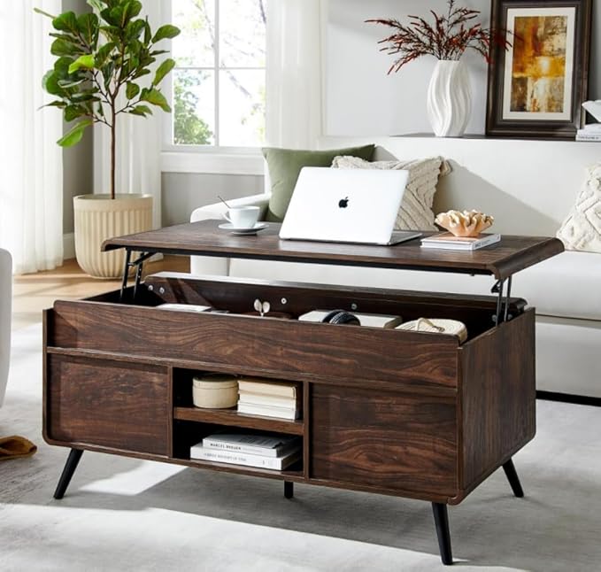 OKD Lift Top Coffee Table w/Sliding Slatted Door, 48" Mid Century Modern Wood Center Table w/Hidden Storage Compartment & Adjustable Shelf, Lift Tabletop Dining Table for Living Room (Dark Walnut)
