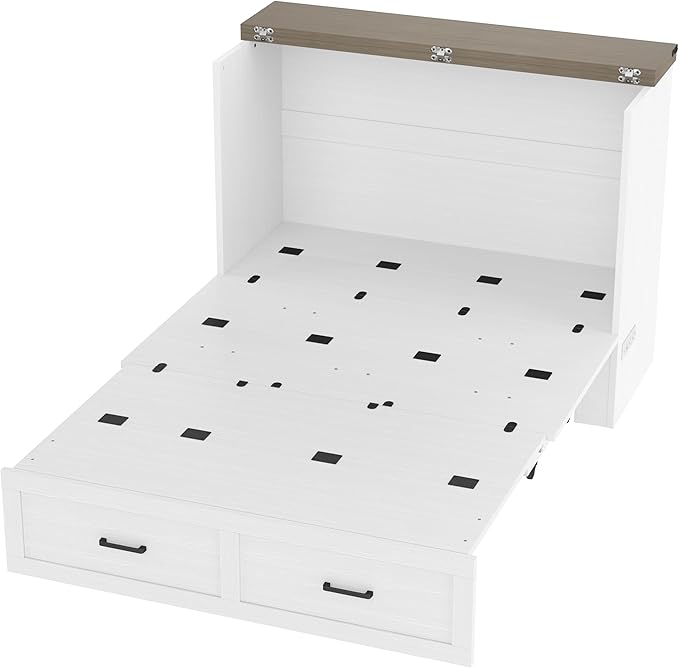 Bellemave Full Size Murphy Bed, Cabinet Bed with Charging Station and 1 Large Storage Drawer, Farmhouse Murphy Cabinet with Foldable Panel, Noisy Free, for Guest Bedroom, Living Room, White