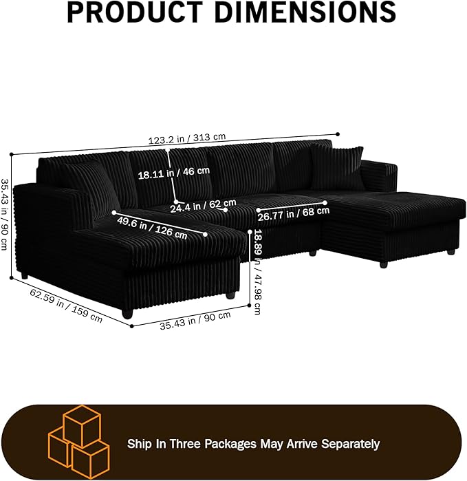 123" U-Shaped Modular sectional Sofa, Two L-Shape Chaise with 2 Cloud Couch sectional with Two Pillows, couches for Living Room (Black)