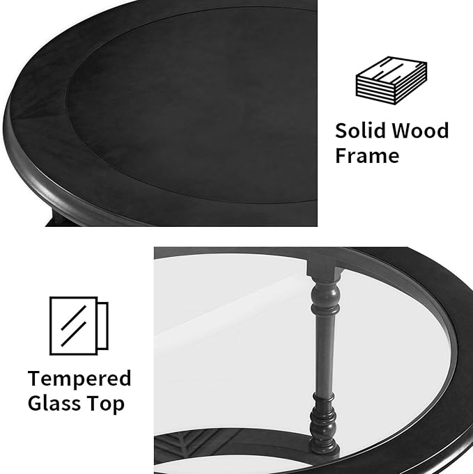 31.5'' Glass Top Round Coffee Table with Storage, Solid Wood and MDF Fluted Coffee Table Set of 2 for Living Room Office, Black