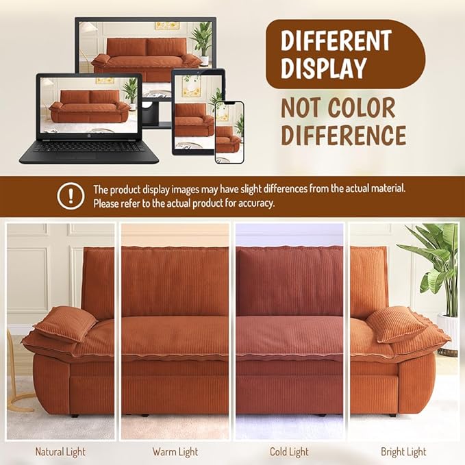 73.2" Queen Size Pull Out Sofa Bed, 3-in-1 Convertible Sleeper, Corduroy Loveseat for Living Room, Apartment, Bedroom Small Spaces, Orange (Mattress & Bedding Not Included)
