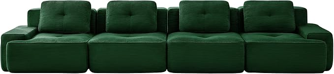 Casaphoria 150'' Green Corduroy Cloud Couch, 4-Seater Boneless Sectional Sofa with 4 Pillows for Living Room, Deep Seat Sofa, No Assembly Required