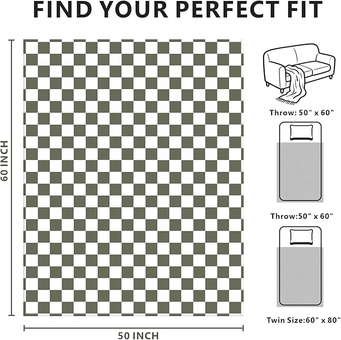 Edenleaf Checkered Blanket Flannel Throw Blankets Soft Cozy Checkered Grid Print Chessboard Gingham Pattern Throws for Bed Sofa Couch for All Seasons, 50x60 Inch, Dark Olive