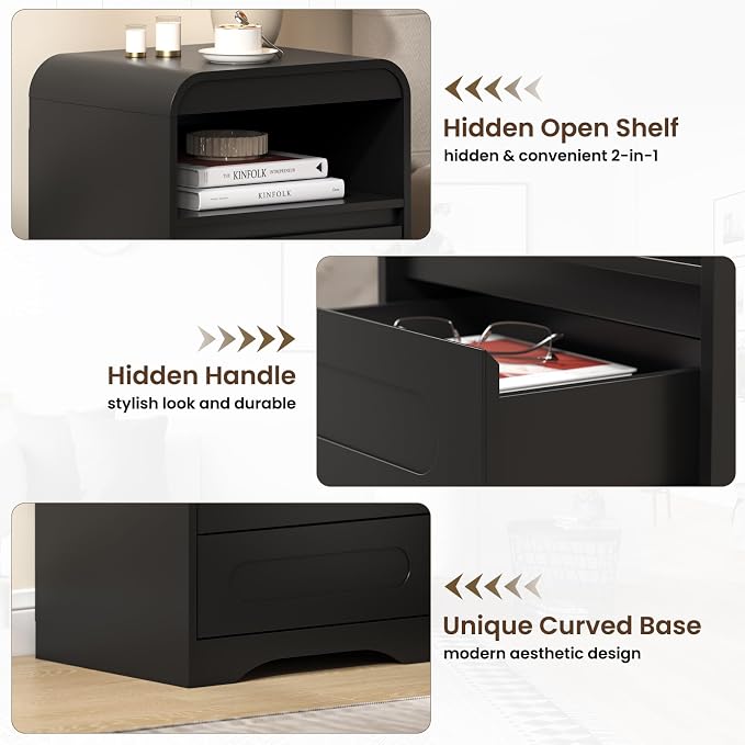 Night Stand Set of 2, 26" Tall Bedside Side Table with 2 Drawers and Open Storage, Curved Corners, Hidden Handle, Wood Nightstand, Modern Night Stands End Table for Sofa Couch (Black) - Image 6