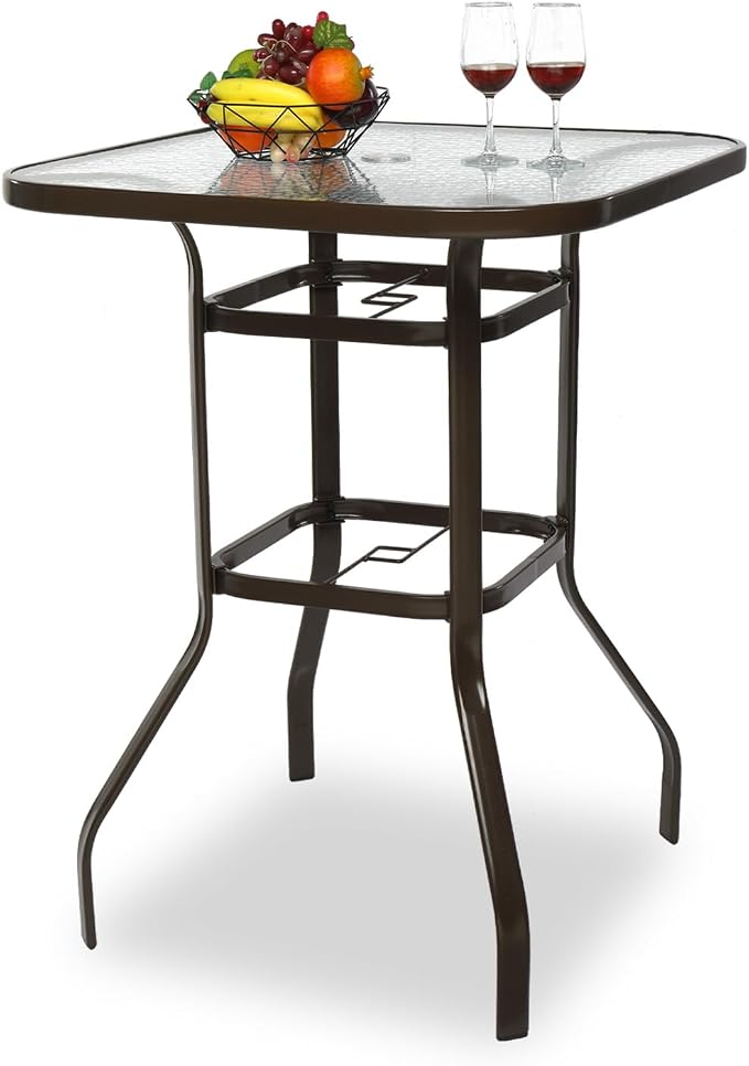VINGLI Outdoor Bar Table with Umbrella Hole, Metal Patio Bar Height Pub Table for Patio High Top (Brown) by VINGLI