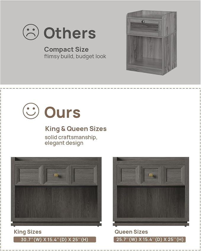 SICOTAS 31" Wide Nightstands Set of 2, Large Night Stands with Drawer, Oversized King Size Nightstand Bedside Table for Bedroom, Farmhouse End Side Table Set of 2 (Dark Grey Oak, 31-Inch) - Image 6