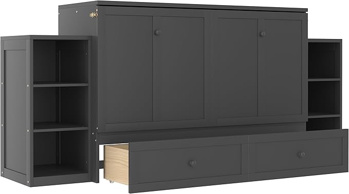 Bellemave Queen Murphy Bed, Cabinet Bed with 2 Shelves and Storage Drawers, Farmhouse Murphy Cabinet, Noisy Free, for Guest Bedroom, Living Room, Office, Vintage Dark Gray