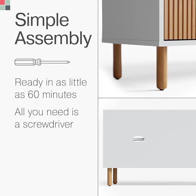 Stead Fluted TV Stand - Media Console & Console Table with Cord Management - Soft-Close Doors & Adjustable Shelves Storage Cabinet - Living Room Entertainment Center - 70-Inch White & Oak - Image 3