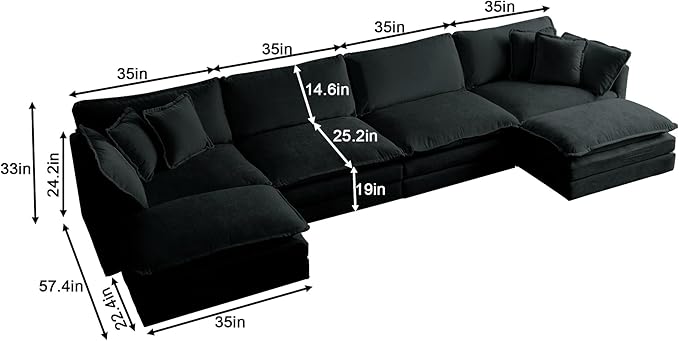 ERYE U-Shaped Oversized Sectional Sofa Modern Deep Seat Reversible Chaises Sofa&Couch with Movable Ottomans and 6 Pillows, Modular Sleeper Upholstered Couch for Living Room, Apartment, Studio, Office