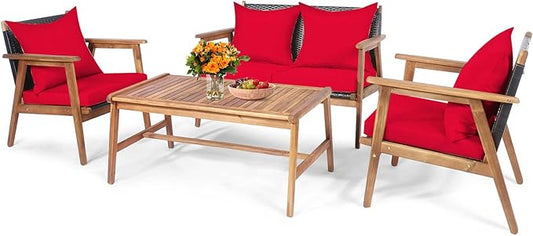 Tangkula 4-Piece Patio Furniture Set, Outdoor Acacia Wood Conversation Set with Cushions and Coffee Table, Outdoor PE Wicker Sectional Sofa Set for Garden, Poolside and Backyard (1, Red)