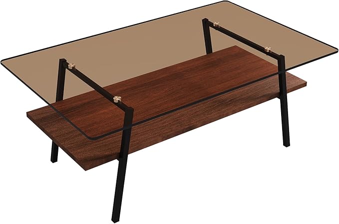 IANIYA Glass Coffee Table for Living Room Small Gold Mid Century Coffee Table for Living Room with Wood Shelves (Black Frame, Brown Glass + Brown Wood)