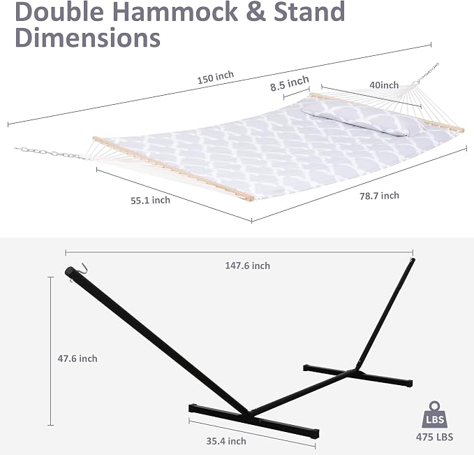 SUNCREAT Double Hammock, Extra Large Quilted Fabric Swing with Hardwood Spreader Bars & Detachable Pillow, Heavy Duty, Perfect for Indoor/Outdoor Patio, Deck, Yard, Gray Cloud - Image 6