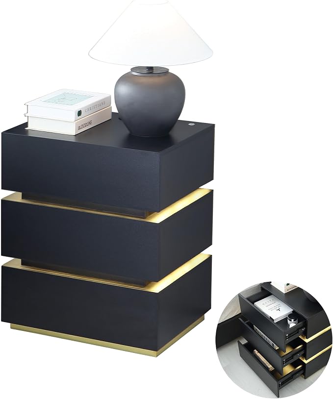 Black Nightstand, LED Bedside Table with 3 Storage Drawers, Modern End Table with Charging Ports & Outlets, Bedside Tables for Living Room/Bedroom by Unknown