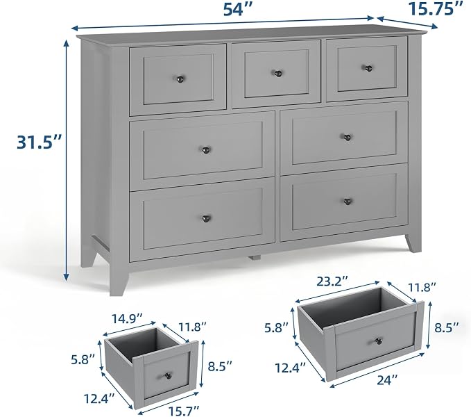 GarveeHome Grey 7 Drawer Dresser for Bedroom, Simply Modern Chest of Drawers, Wood Storage Double Dresser with Deep Drawers for Living Room, Hallway Entryway - Image 2