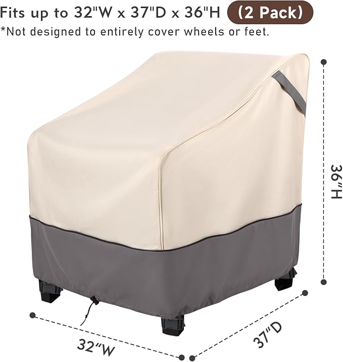 Waterproof Patio Furniture Chair Covers 2-Pack, Heavy Duty 600D Oxford Outdoor Protector for Deep Seat Chairs, UV & Wind Resistant All-Season Protection, 32"W x 37"D x 36"H (Beige/Grey) - Image 2