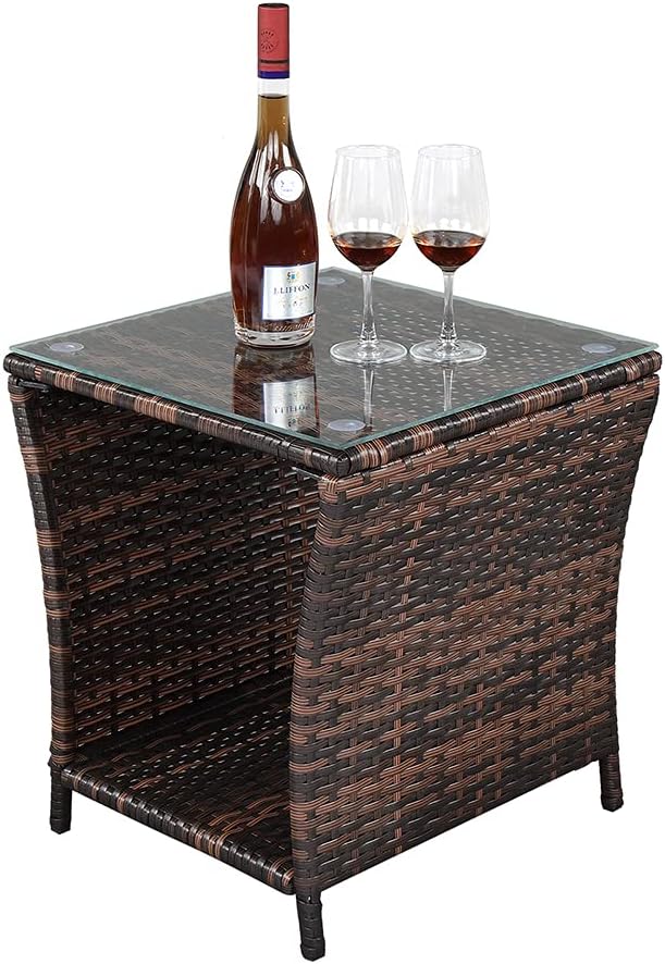 VINGLI Outdoor Wicker Side Table Patio Side Tables for Outside, Tempered Glass Top Wicker Table with Storage End Table for Balcony Porch Deck (Brown) by VINGLI