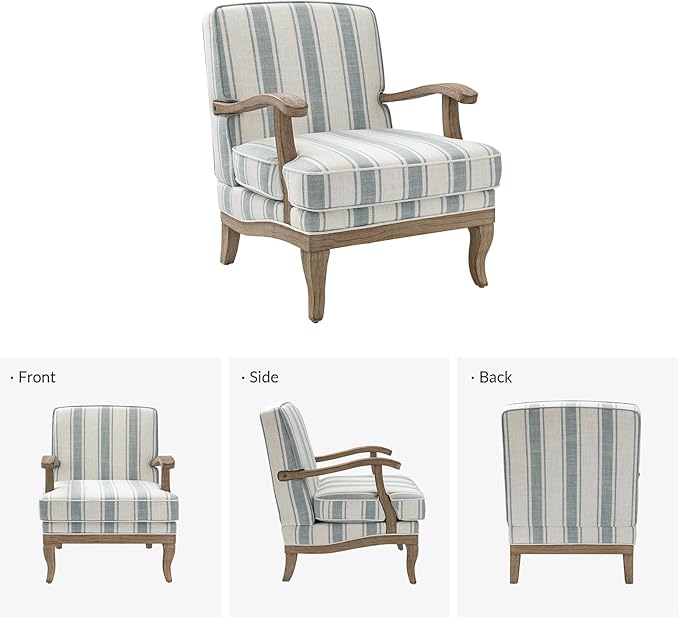 HULALA HOME Upholstered Accent Chair, Mid-Century Modern Striped Chair with Graceful Curves and Wooden Legs, Comfy Lounge Armchair Striped Accent Chairs for Living Room, Bedroom (Blue)