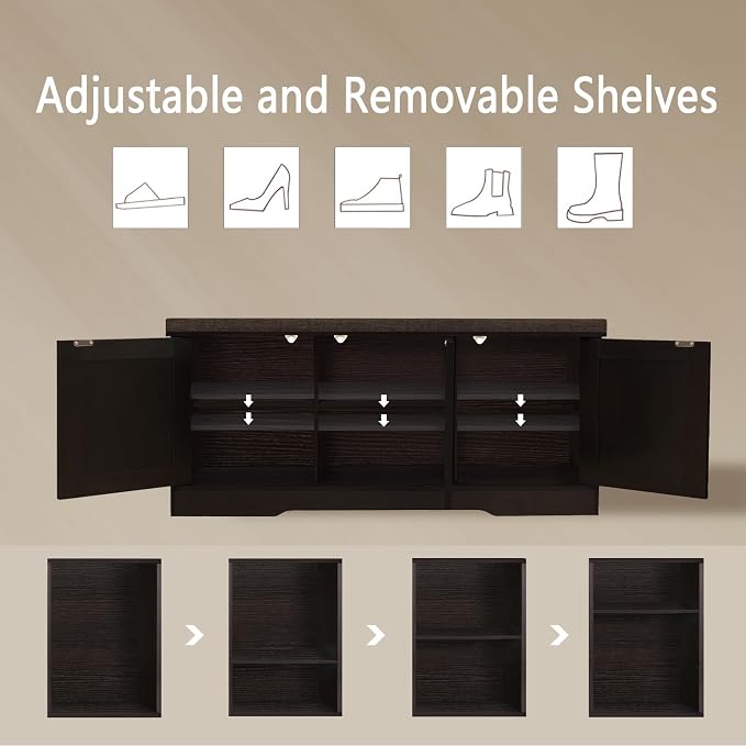 DINZI LVJ Shoe Bench, Entryway Storage Bench with Doors, Cushion, 2-Tier Shoe Rack with 6-Cubby, 39.4”L x 13.8”W Shoe Organizer Cabinet, Adjustable Shelf, Living Room, Bedroom, Espresso with Rattan - Image 4