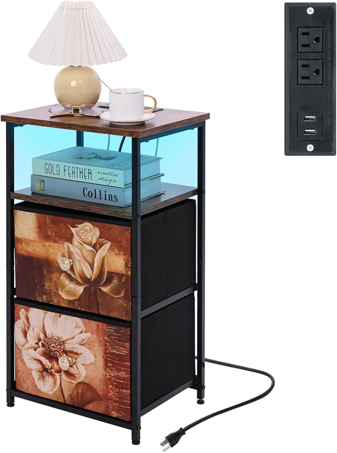 Nightstand with Charging Station, Led Bedside Tables with USB Ports & Outlets, End Table with 2 Fabric Drawers and Open Shelf, Side Table with Black Steel Frame for Bedroom, Rustic Style by Walmokid