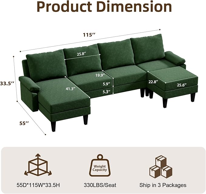 Sectional Couches for Living Room Furniture Sets, 4 Seat Modular Sectional Sofas for Living Room Set with Removable Ottoman, L Shaped Couch Set with 2 Armrest for Apartment, Green