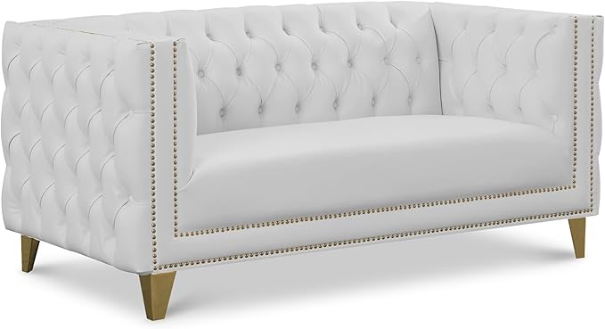 Meridian Furniture 651White-L Michelle Collection Modern | Contemporary Loveseat with Deep Button Tufting, Gold Nailhead Trim and Sturdy Gold Iron Legs, White Vegan Leather, 66" W x 34" D x 30" H