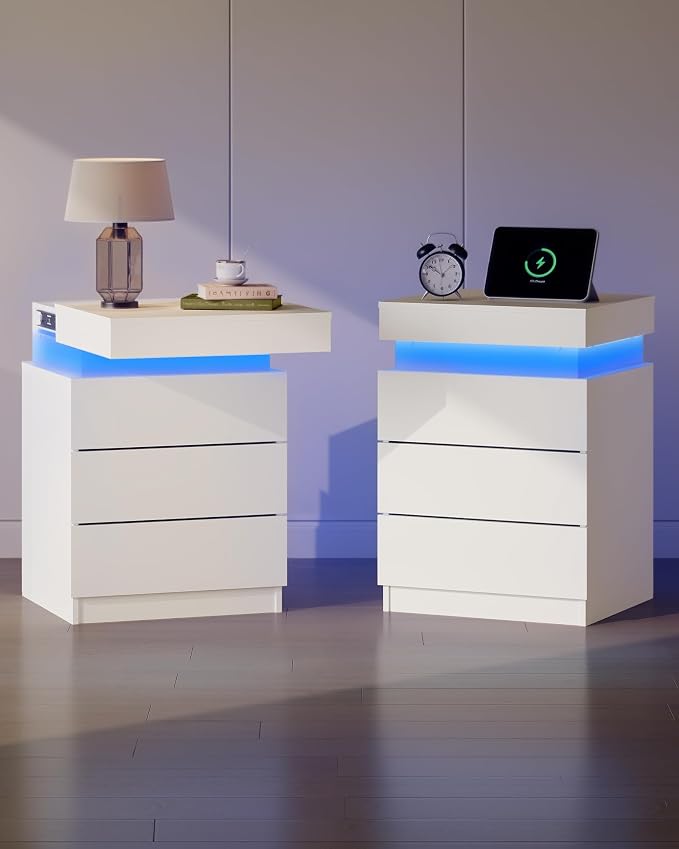 WLIVE Nightstand Set of 2 with Charging Station & LED Lights, Modern Night Stand with 3 Drawers and Sliding Top, Bedside Table End Table with Hidden Space for Bedroom, Living Room, White by WLIVE