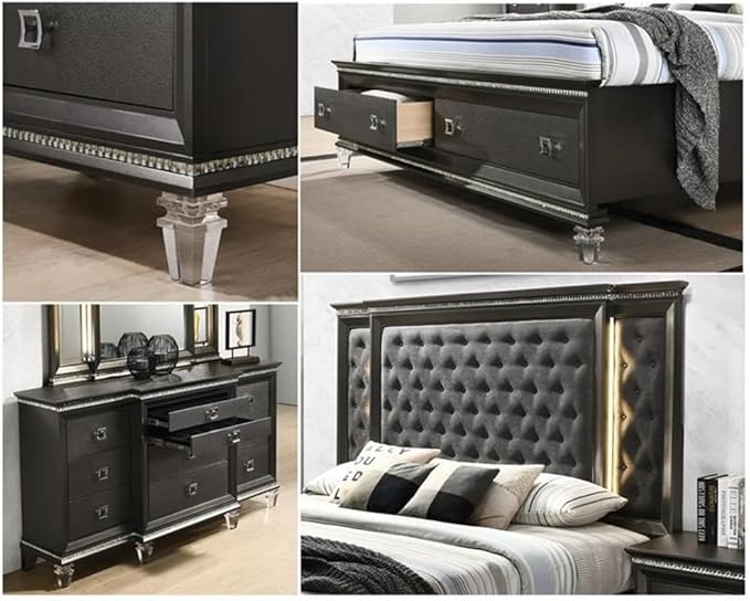 Best Quality Furniture Bellagio 3PC Queen Bed + Dresser + Nightstand, Metallic Gray