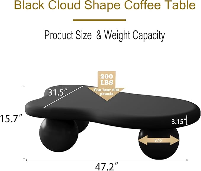 47.2” Cloud Coffee Table with 3 Ball Legs, Modern Irregular Center Table for Living Room, Low Cute Small MDF Tea Table for Bedroom, Space Apartment-Black