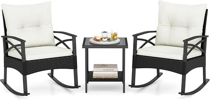 Tangkula 3 Pieces Outdoor Rocking Chairs Set, Rattan Heavy Duty Cushioned Rocker Chairs with 2-Tier Tempered Glass Coffee Table, for Garden, Balcony, Backyard (Black+Beige) by TANGKULA
