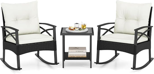 Tangkula 3 Pieces Outdoor Rocking Chairs Set, Rattan Heavy Duty Cushioned Rocker Chairs with 2-Tier Tempered Glass Coffee Table, for Garden, Balcony, Backyard (Black+Beige) by TANGKULA