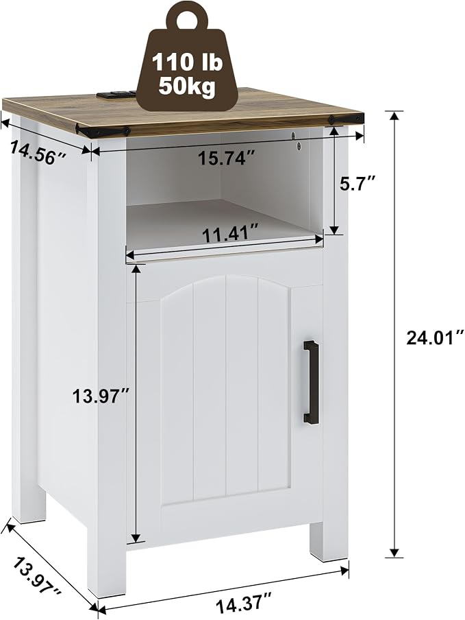 Decofy Farmhouse Nightstand with Charging Station, Set of 2, Wood Bedside Table with Storage & Open Compartment, Side End Table for Bedroom, Rustic White and Brown - Image 2