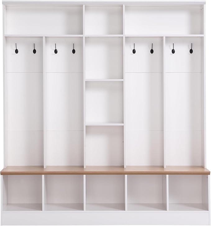 Merax 66.9" Wide Hall Tree with Storage Bench, Shoe Cabinet with Cube, & Shelves, Coat Rack with 8 Hooks for Entryways - Image 7