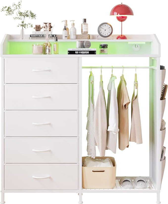 LUMTOK Modern 5 Dresser with LED Hanging Rack, Dresser with Clothes Rack, Hanger Rack, and Storage Drawers, Drawer Dressers with Coat Racks for Bedroom Living Room, Entryway, Closets (White) - Image 7