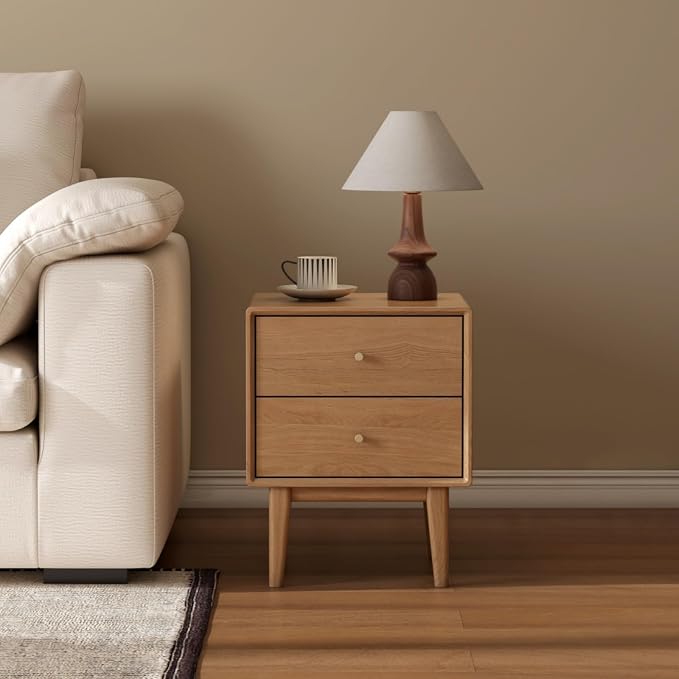 100% Solid Wood Nightstand, Natural Oak Nightstands with 2 Drawers, Mid Century Modern Night Stand, Small Bedside Table for Low Bed, Wooden Night Stands for Bedroom(19.69" H) by Wayshome