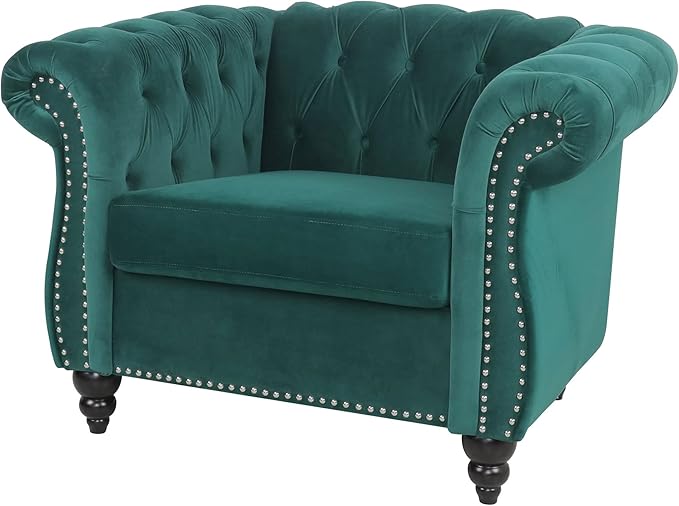 LEVNARY Velvet Chesterfield Chair, Mid-Century Modern Single Sofa Chair with Button Tufted Backrest and Nailhead Decor, Tufted Upholstered Rolled Armchair for Home Bedroom Reading Room (Green)