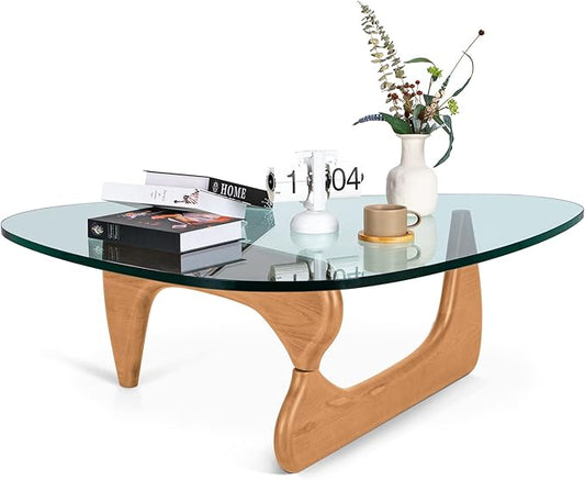 Triangle Glass Coffee Table Vintage Glass End Table, Solid Wood Base and Triangle Clear Glass Top Modern End Table for Living Room, Patio, Study (Light Walnut)