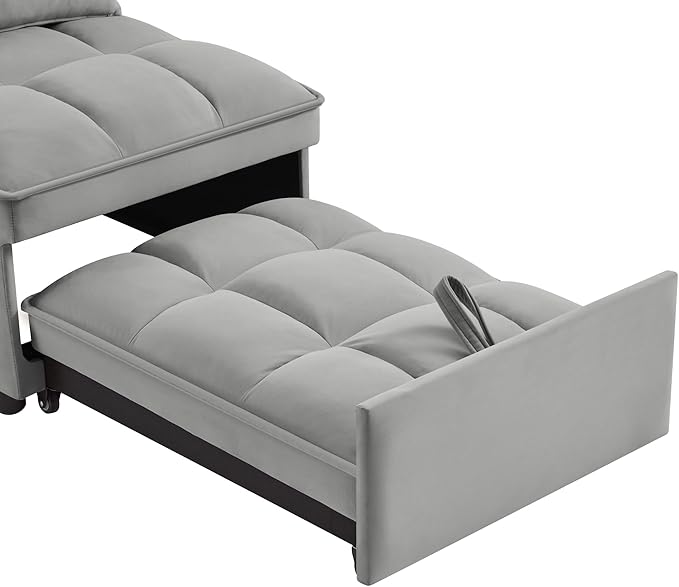 3 in 1 Convertible Sleeper Sofa Chair, Velvet Tufted Single Pull Out Couch Bed with Adjustable Backrest and Pillow