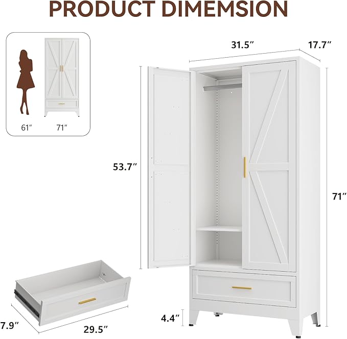 Metal Wardrobe Cabinet, 71" Tall Armoire Wardrobe Closet with Drawer,Hanging Rod and Adjustable Shelf, Farmhouse Clothing Storage Cabinet for Bedroom, Laundry
