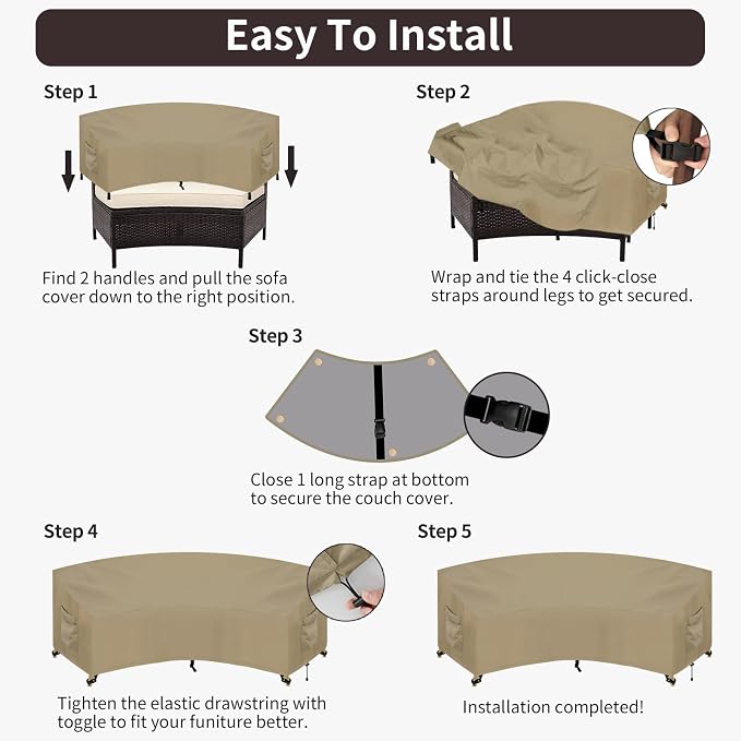 PureFit Outdoor Sectional Sofa Cover Waterproof Curved Patio Furniture Covers for Deck, Lawn and Backyard, 120Lx36Dx38Hx82FL, Camel - Image 7