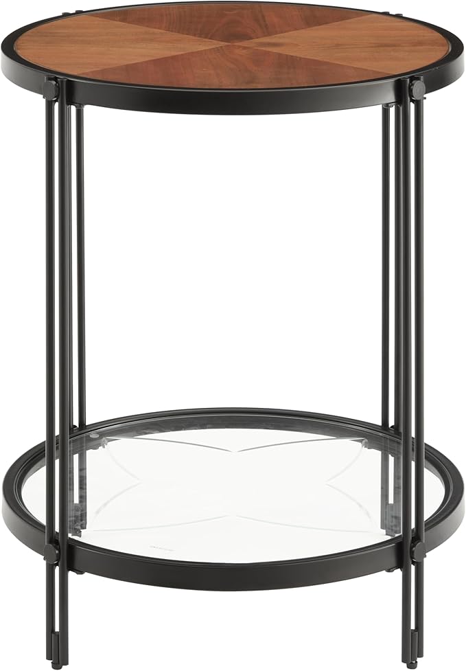 20" Round Glass End Table with Glass Bottom, Black Circle Small End Table with Wood Top ＆ Metal Frame for Living Room, Apartment 20" Dx20 Wx24 H, Black