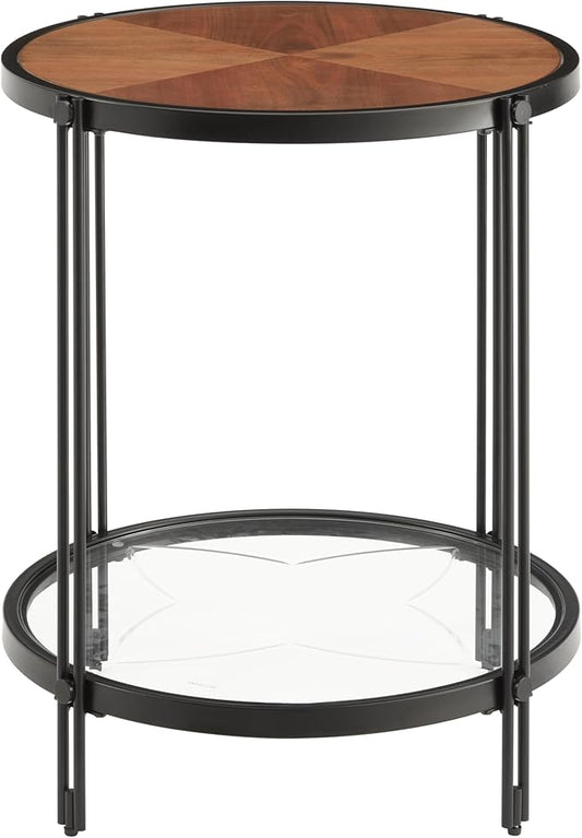 20" Round Glass End Table with Glass Bottom, Black Circle Small End Table with Wood Top ＆ Metal Frame for Living Room, Apartment 20" Dx20 Wx24 H, Black