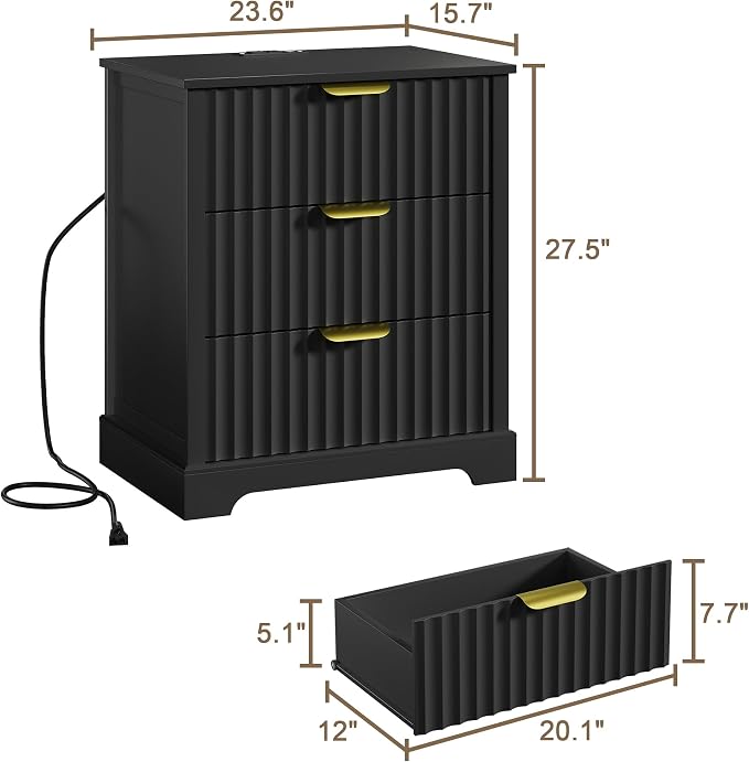 Fluted Nightstand Set of 2, Modern Night Stands with Charging Station and 3 Drawers, Large Bedside Tables for Bedroom, Black - Image 2