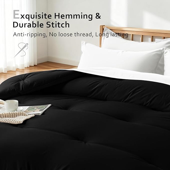Comforters King Size, All Season Quilted Bed Comforter, Ultra-Soft Down Alternative Duvet Insert with 4 Tabs, Lightweight Bedding Blanket - Machine Washable, Black