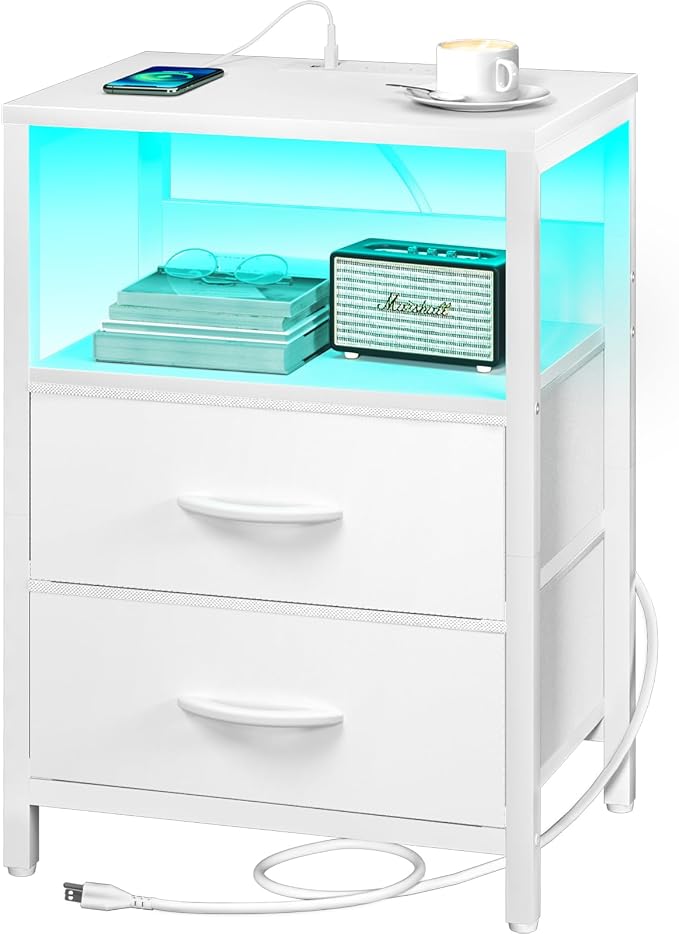 Yoobure Nightstand with Charging Station, LED Night Stand with Fabric Drawers and Storage Shelf for Bedroom, Nightstands Bedside Tables with USB Ports & Outlets, Small Night Stands, Bed Side Table by Yoobure
