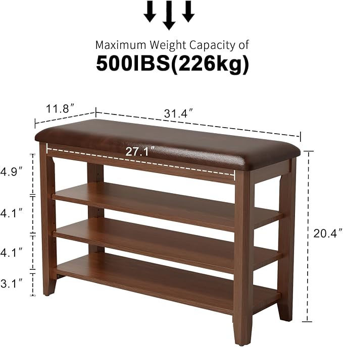 AQIMUELE Shoe Bench with Leather Cushion, 3 Tiers Shoe Storage Bench Height Adjustable, Walnut Wood Entryway Bench for Hallway, Mudroom - Image 2