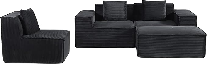 Rowan Convertible Corduroy Sectional Couch with Ottoman & Pillows, Modular L Shaped Sleeper Sofa, Boneless Cloud Couch for Living Room Furniture, Black