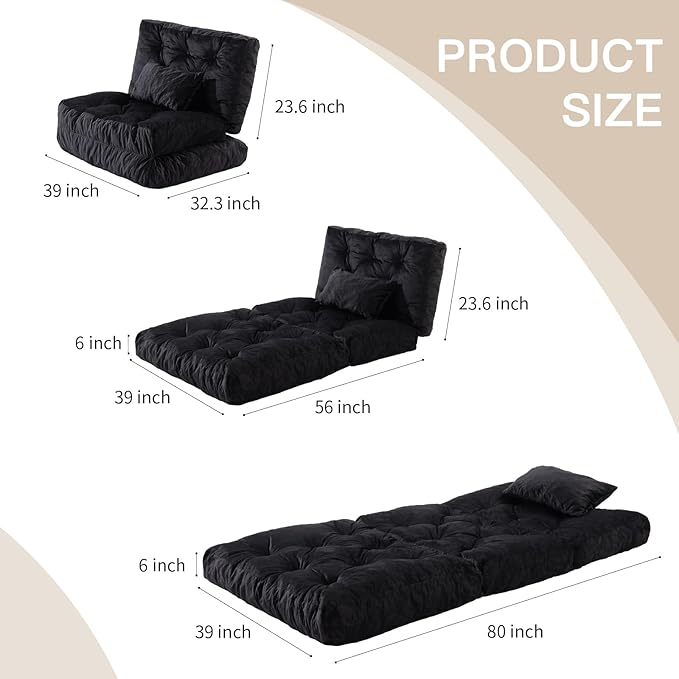 Folding Sofa Bed, Convertible Sleeper Chair with Pillow Foldable Mattress with Back Support, Portable Fold Out Chair Bed Comfy Floor Sofa Lounge for Living Room Bedroom, Black Twin 80x39 Inch