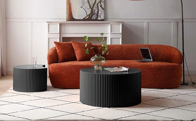 kevinplus 55.12'' Black Round Nesting Coffee Table Set of 2, Modern Side End Table for Living Room, Contemporary Wood Circle Embossed Crescent Design, No Assembly, Black